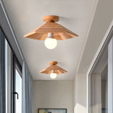Rustic Wooden Flush Mount Ceiling Light: Ridged Saucer Design Beige Shade For Kitchen