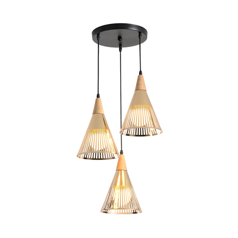Modern Wooden 3-Light Gold Cage Pendant: Deep Cone Design For Stylish Ceiling Lighting