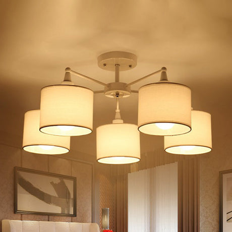 Nordic Fabric Semi Flush Mount Lamp In White - 5-Bulb Bedroom Ceiling Chandelier