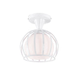Modern Opal Glass Ceiling Mount Light - Half Globe Semi Flush White With Wire Cage Guard