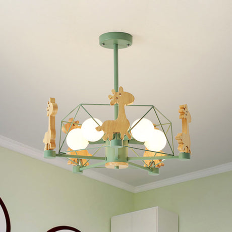 Wooden Giraffe Ceiling Fixture For Kids - 5-Light Semi Flush Mount With Star Iron Frame