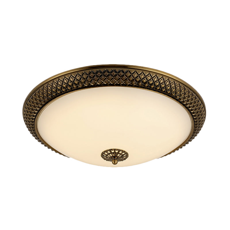 Traditional White Glass Led Bedroom Ceiling Lamp - Brass Domed Flush Mount Lighting (12’/16’/19.5’)