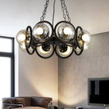 Industrial Black Chandelier Light With Clear Glass 6/8 Bulbs And Round Cage Stylish Global Pendant