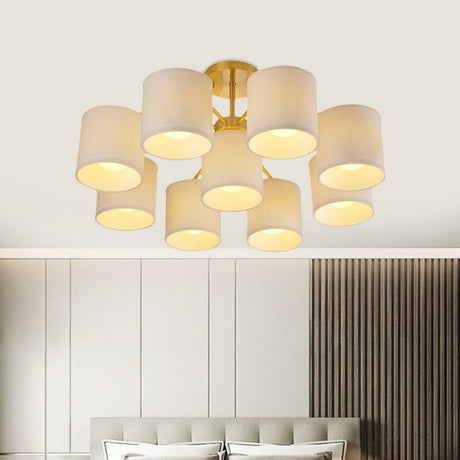 Colonial Fabric Cylinder Semi Mount Ceiling Light - Gold Finish 9 Lights Living Room Lighting