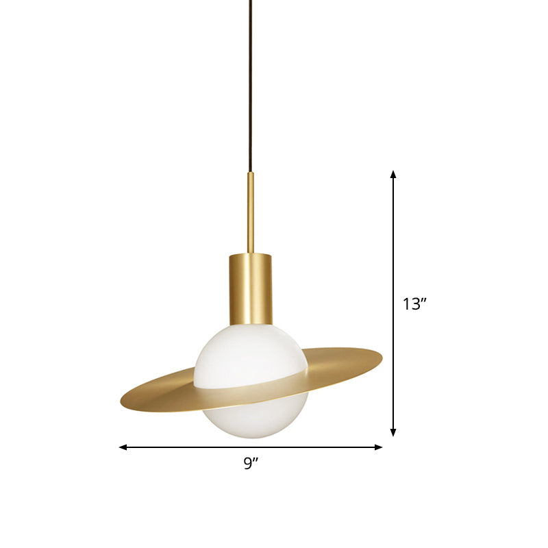 Gold Planetoid Pendant Light With Opaline Glass Shade - Postmodern Ceiling Fixture For Table