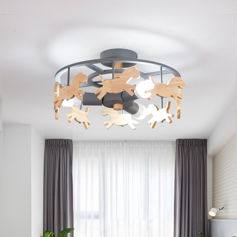 Round Semi-Flush Ceiling Light Macaroon 3-Bulb Grey/White/Green - Wooden Horse Design