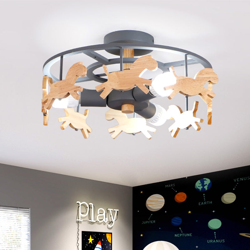 Round Semi-Flush Ceiling Light Macaroon 3-Bulb Grey/White/Green - Wooden Horse Design Grey