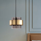 Mid Century Single-Bulb Pendant Light With Smoke Grey Glass And Gold Ring Guard - Ideal For Hanging