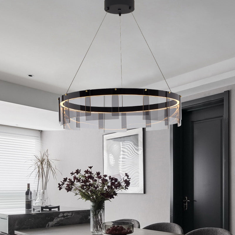 Modernist Smoky Grey Glass Led Pendant Light With Black Circle Design