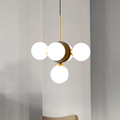 Mid Century White/Amber Glass Chandelier Pendant - Orbs Restaurant Ceiling Lamp 5 Lights Burst