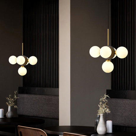 Mid Century White/Amber Glass Chandelier Pendant - Orbs Restaurant Ceiling Lamp 5 Lights Burst