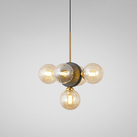 Mid Century White/Amber Glass Chandelier Pendant - Orbs Restaurant Ceiling Lamp 5 Lights Burst