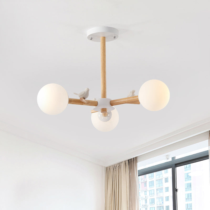 Nordic Wood Radial Chandelier With White Glass Shade And Bird Decor - Perfect For Bedroom Semi-Mount
