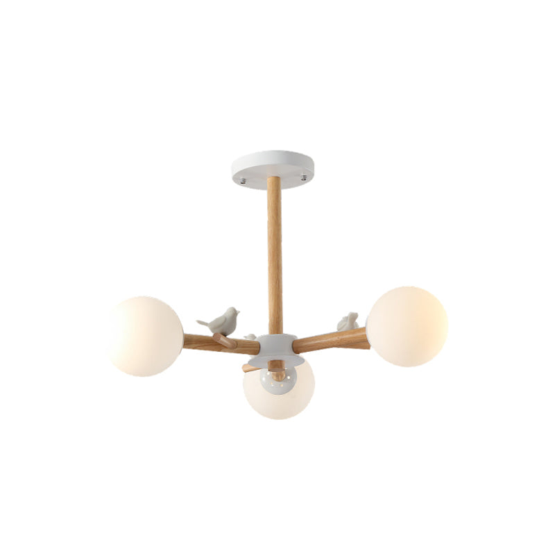 Nordic Wood Radial Chandelier With White Glass Shade And Bird Decor - Perfect For Bedroom Semi-Mount
