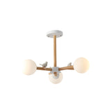 Nordic Wood Radial Chandelier With White Glass Shade And Bird Decor - Perfect For Bedroom Semi-Mount