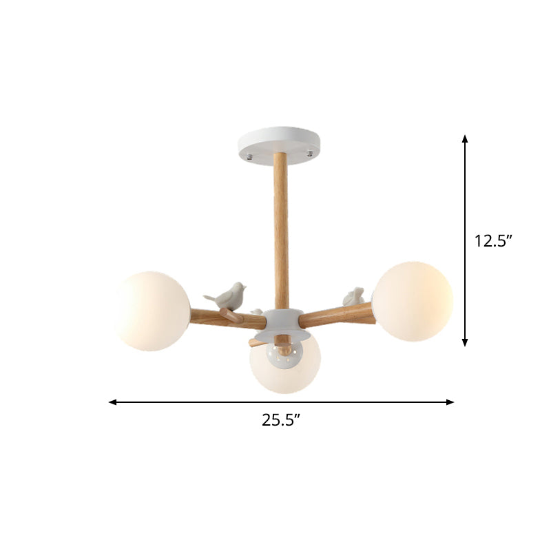 Nordic Wood Radial Chandelier With White Glass Shade And Bird Decor - Perfect For Bedroom Semi-Mount