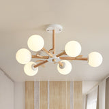 Nordic Wood Radial Chandelier With White Glass Shade And Bird Decor - Perfect For Bedroom Semi-Mount