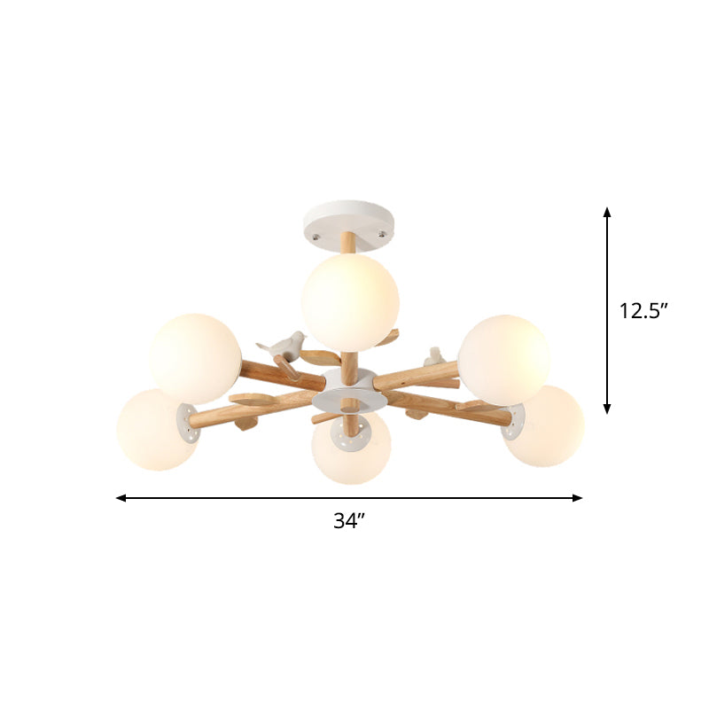 Nordic Wood Radial Chandelier With White Glass Shade And Bird Decor - Perfect For Bedroom Semi-Mount