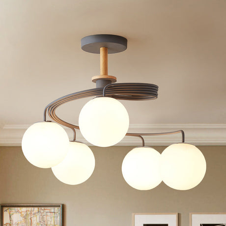 Nordic Iron Swirl Flush Chandelier: 5 Bulbs Grey/Green Ceiling Light With Orb Glass Shade And Wood