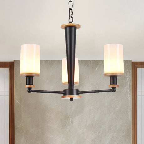 Mid-Century Opal Frosted Glass Chandelier With 3 Lights - Black