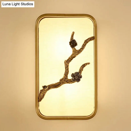 15/23 H Asian Fabric Gold Led Wall Lamp With Flower Branch Decoration