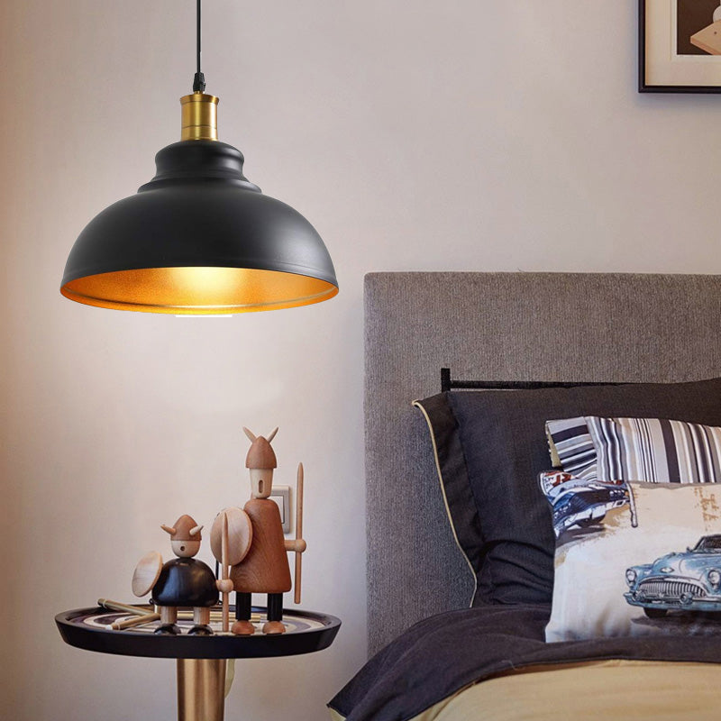 Vintage Domed Pendant Light Black Metal Hanging For Dining Room
