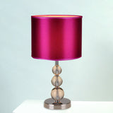 Purple Fabric Nightstand Lamp With Clear Crystal Orbs - Traditional Cylinder Shaded Table Light