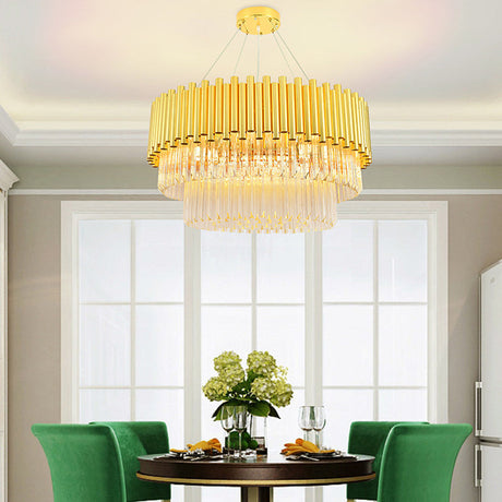 Vintage Brass Metal Chandelier With Crystal Block - Round Shade & Multi Lights