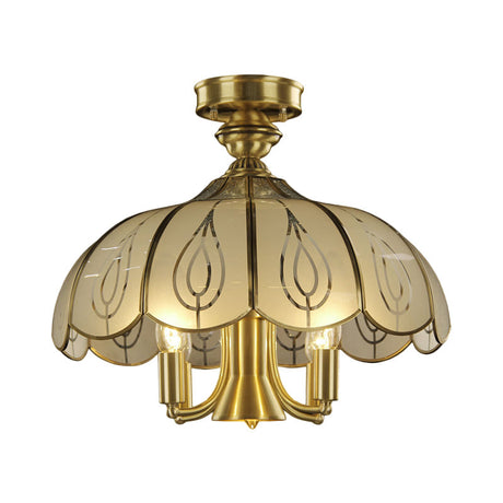 Brass Semi Flush Ceiling Mounted Fixture With Scalloped Frosted Glass & Leaf Pattern - 4 Heads Rural