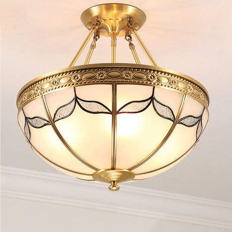 Retro Dome Ceiling Light With Milkglass & Leaf Pattern - Semi Flush Mount (3/4 Bulbs) Brass Finish