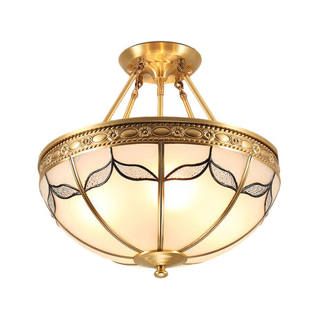 Retro Dome Ceiling Light With Milkglass & Leaf Pattern - Semi Flush Mount (3/4 Bulbs) Brass Finish