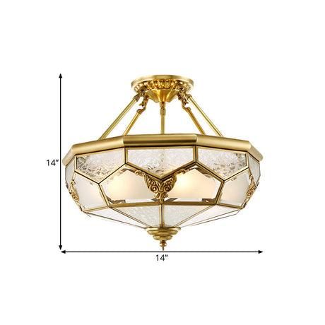 Opaline Glass Brass Semi Flush Mount Ceiling Lamp 3/4 Lights Faceted Dome Country Print 14/18 Width