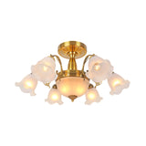 Rustic 8-Bulb Semi Mount Ceiling Lamp With Scroll Arm - Bronze/Brass/Copper Finish And Milky Glass