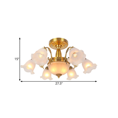 Rustic 8-Bulb Semi Mount Ceiling Lamp With Scroll Arm - Bronze/Brass/Copper Finish And Milky Glass