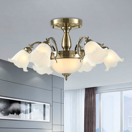 Rustic 8-Bulb Semi Mount Ceiling Lamp With Scroll Arm - Bronze/Brass/Copper Finish And Milky Glass