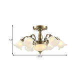 Rustic 8-Bulb Semi Mount Ceiling Lamp With Scroll Arm - Bronze/Brass/Copper Finish And Milky Glass