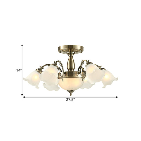 Rustic 8-Bulb Semi Mount Ceiling Lamp With Scroll Arm - Bronze/Brass/Copper Finish And Milky Glass