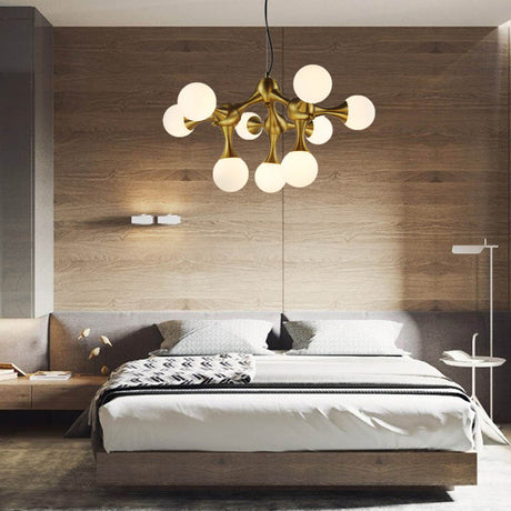 Modern Metal Starburst Chandelier With Glass Globe Shades - 5/9/15 Lights In Brass