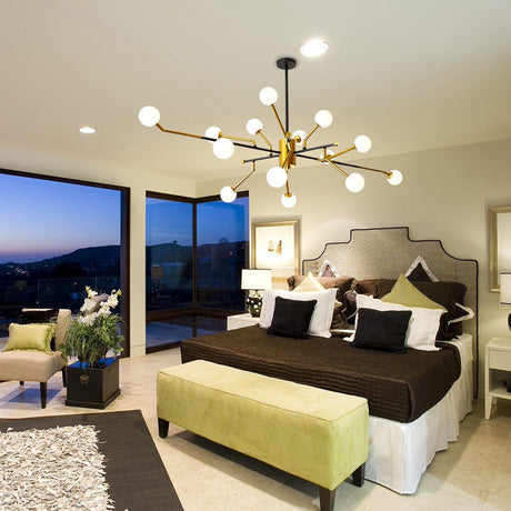 Contemporary Sputnik Metal Chandelier: Gold Brass Pendant Lamp With Molecular Milk Glass Shade