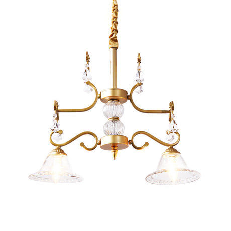 Clear Crystal Chandelier Light Fixture - Modern Bell Shade Hanging Lamp With 2 Bulbs In Gold For