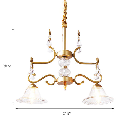 Clear Crystal Chandelier Light Fixture - Modern Bell Shade Hanging Lamp With 2 Bulbs In Gold For