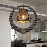 Modern Brown Rattan Hanging Pendant Light With Wooden Ring - 1 Head