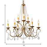 Vintage Brass Chandelier Pendant Light With Crystal Beaded Strand - 6/9 Lights Hanging
