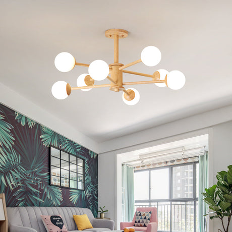 Contemporary Wooden Starburst Chandelier With White Glass Ball Shades - 6/8/12 Lights 8 / Wood