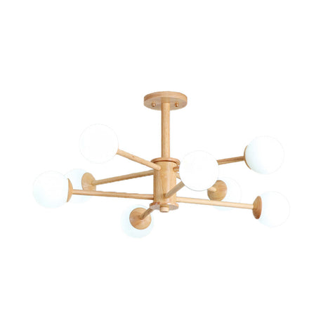 Contemporary Wooden Starburst Chandelier With White Glass Ball Shades - 6/8/12 Lights
