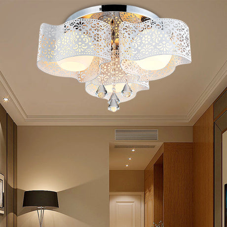Modernist Crystal Ceiling Lamp With Etched Flower Design 3/5 Lights Opal Glass Ball Shade
