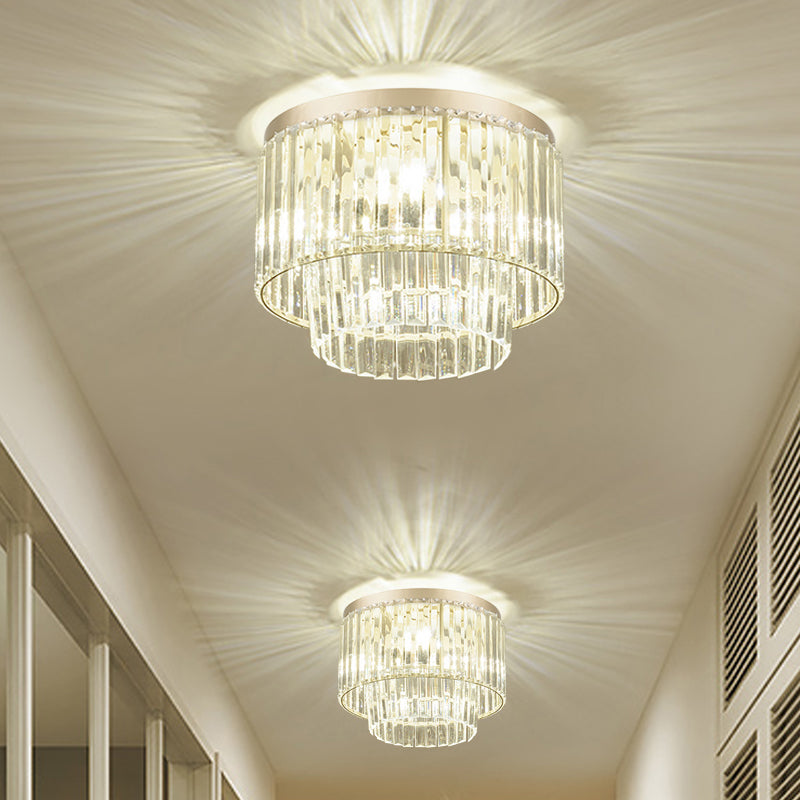 Modernist Drum Ceiling Lamp - Clear Crystal 12/16 Width Flush Mount Lighting For Living Room / 12