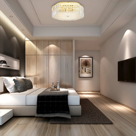 Golden Flower Flush Led Pendant Light With Modern Clear Crystal Design And Acrylic Diffuser -