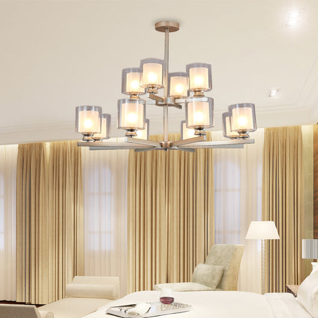 Modern 2-Tier White Glass Chandelier: Radial Design 12 Lights Black/Gold/Silver Silver