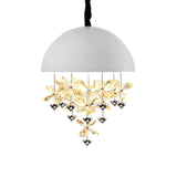 Modern Metal Pendant Light With Crystal Flower Deco - 6/10 Lights Domed Design Black/White